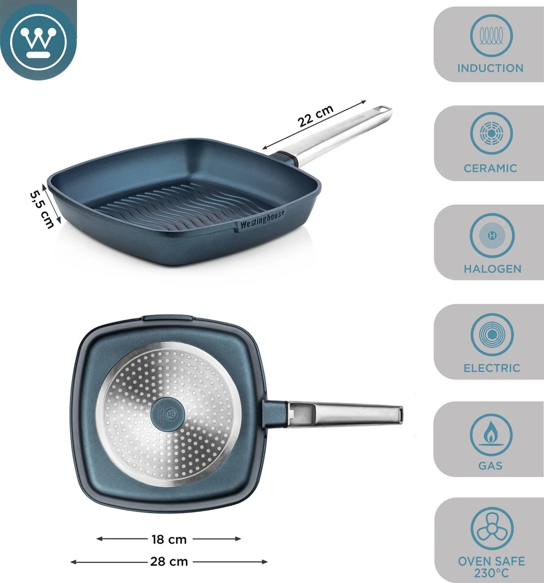 Westinghouse Performance Series - Grillpan Inductie 28cm - Luxe Grillpan - Blauw - Steakpan - Geschikt Voor Alle Warmtebronnen Inclusief Inductie En Ovenbestendig 5 Westinghouse Performance Series - Grillpan Inductie 28cm - Luxe Grillpan - Blauw - Steakpan - Geschikt Voor Alle Warmtebronnen Inclusief Inductie En Ovenbestendig - Afbeelding 5