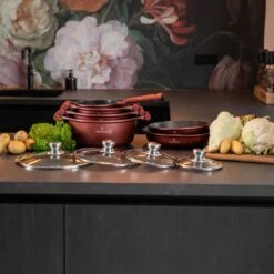 Herenthal Pannenset Inductie - Luxe 10-delige Koekenpan Inductie - Voor Alle Warmtebronnen - Pannen Met Glazen Deksels En Koudgrepen - Burgundy -Pannen Verkoop 1200x1200 112