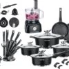 Swiss Pro+ - SWP41D22 - Pannenset 41 Delig - Foodprocessor - Messenblok 8 Delig - Kookgerei Set Met Houder 7 Delig - Starters Pakket - 2022 Serie - Limited Edition -uitzet